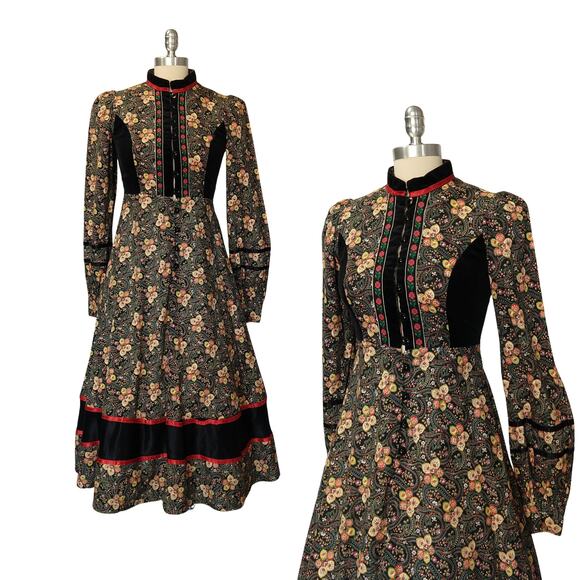 Gunne Sax Russian Doll Midi Dress Size 9 Black Velvet Button Front Boho Prairie - Picture 1 of 11